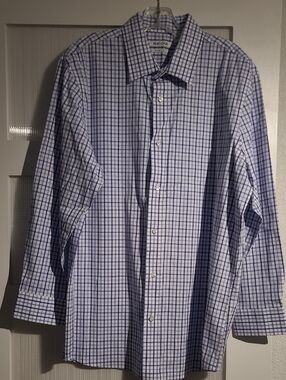 Haggar White Shirt with Blue Windowpane Plaid